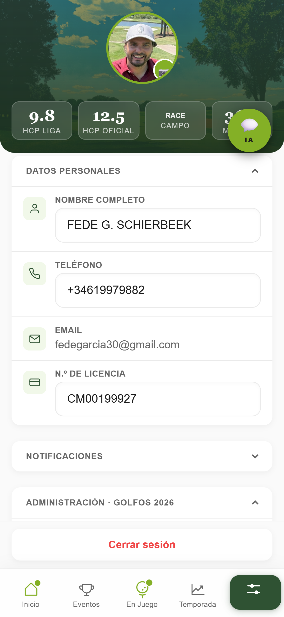 Pantalla de ajustes con datos personales y KPIs
