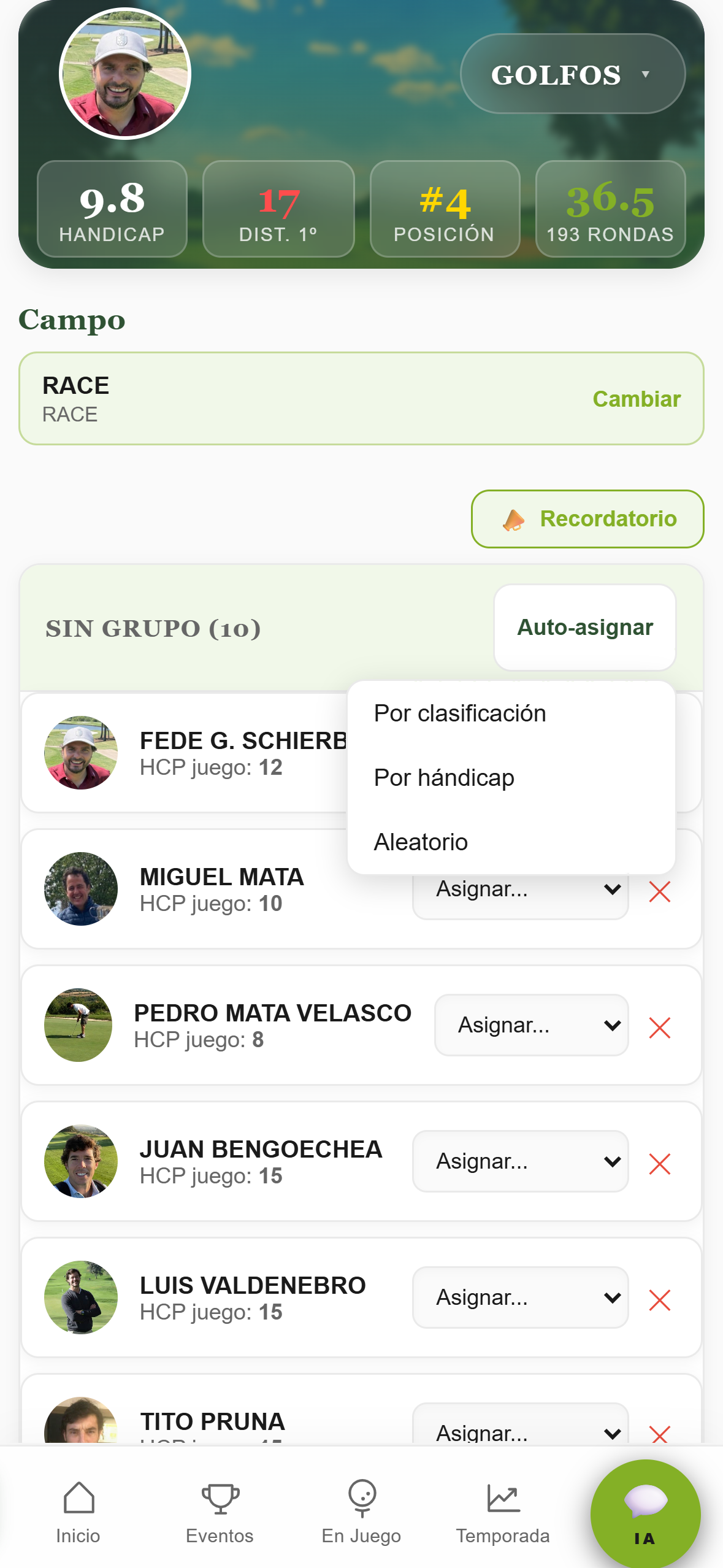 Auto-asignar jugadores a grupos de salida