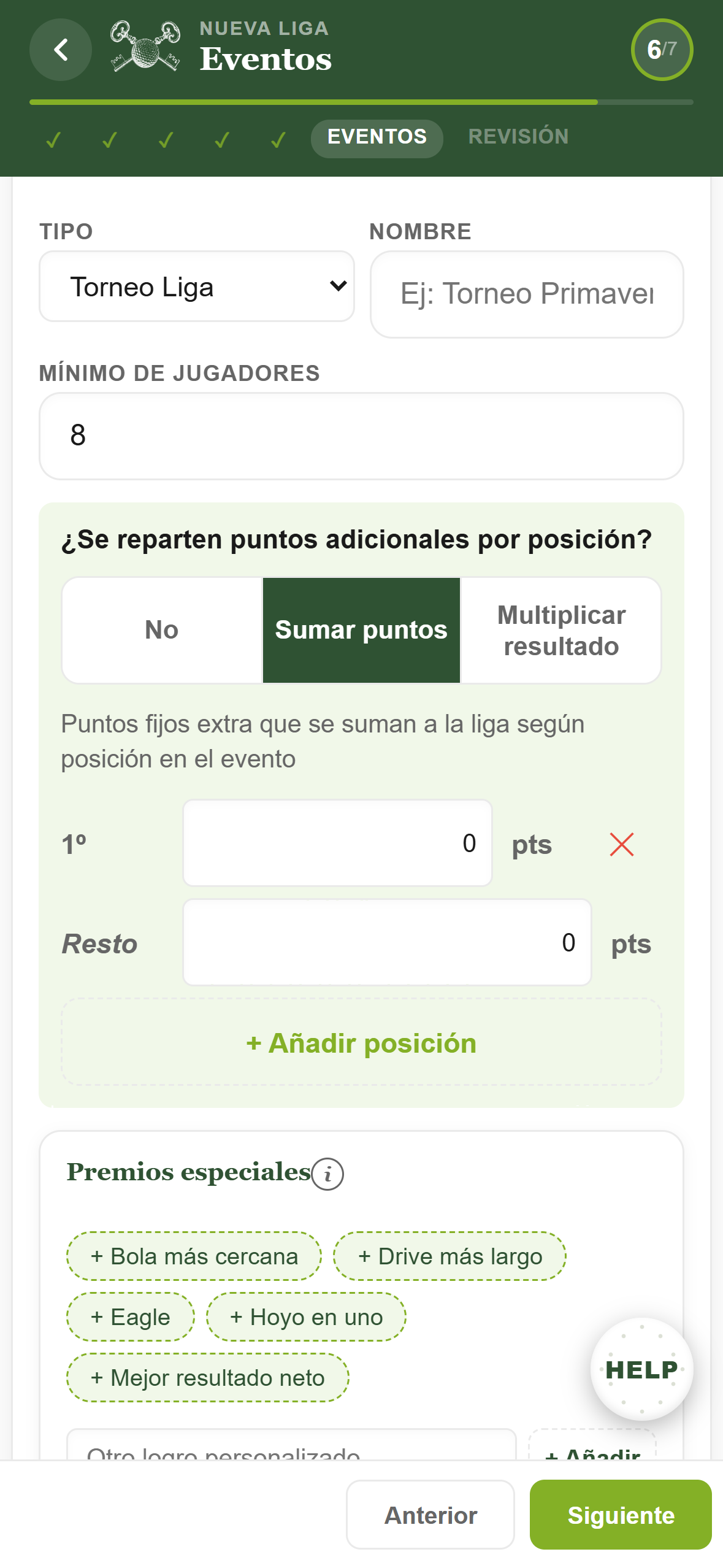 Configuración de premios del pool