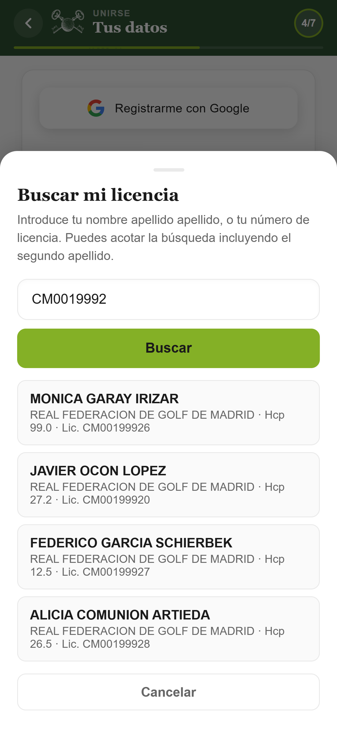 Buscar tu licencia RFEG por nombre